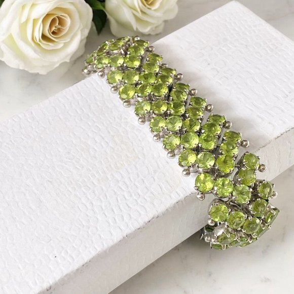 Encrusted Sterling & Natural Green Peridot Gemstone Bracelet, August Birthstone - Picture 3 of 11